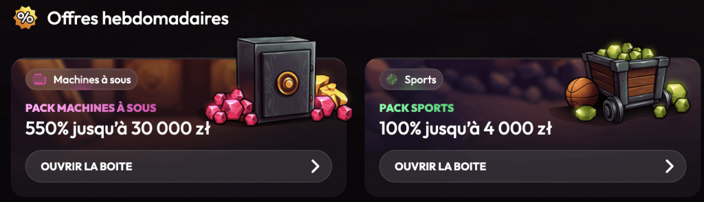 Offres hebdomadaires Mad Casino — Pack Machines à Sous 550% et Pack Sports 100%