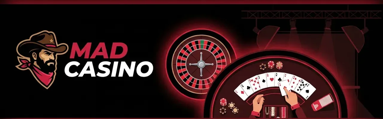 Bannière Mad Casino : tables de casino en direct avec croupier